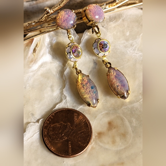 Pink Fire Opal & Rose Opal Flower Crystal Drop Down Earrings - Picture 5 of 5